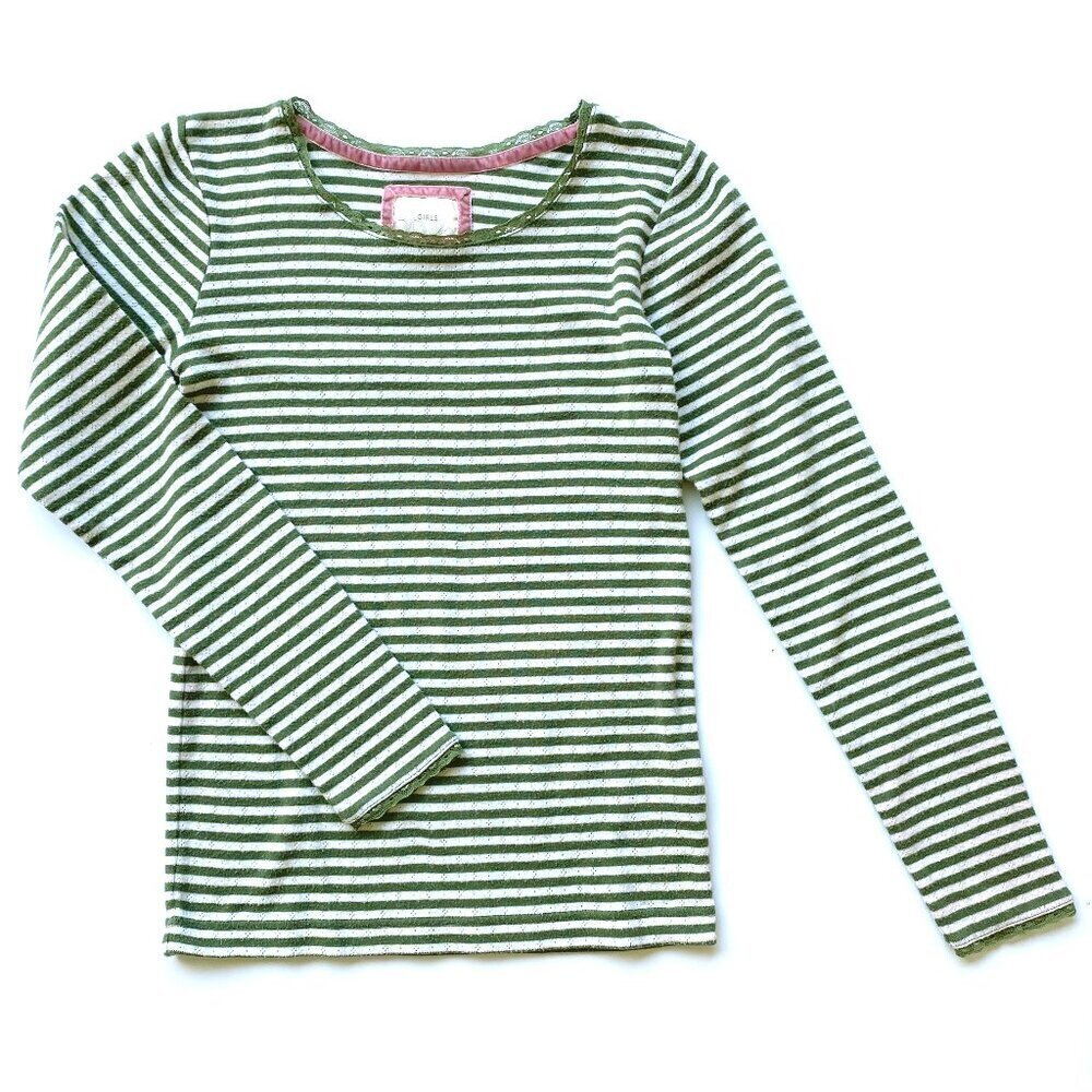 Mini Boden Girls Pointelle Tee Green White Striped 13-14